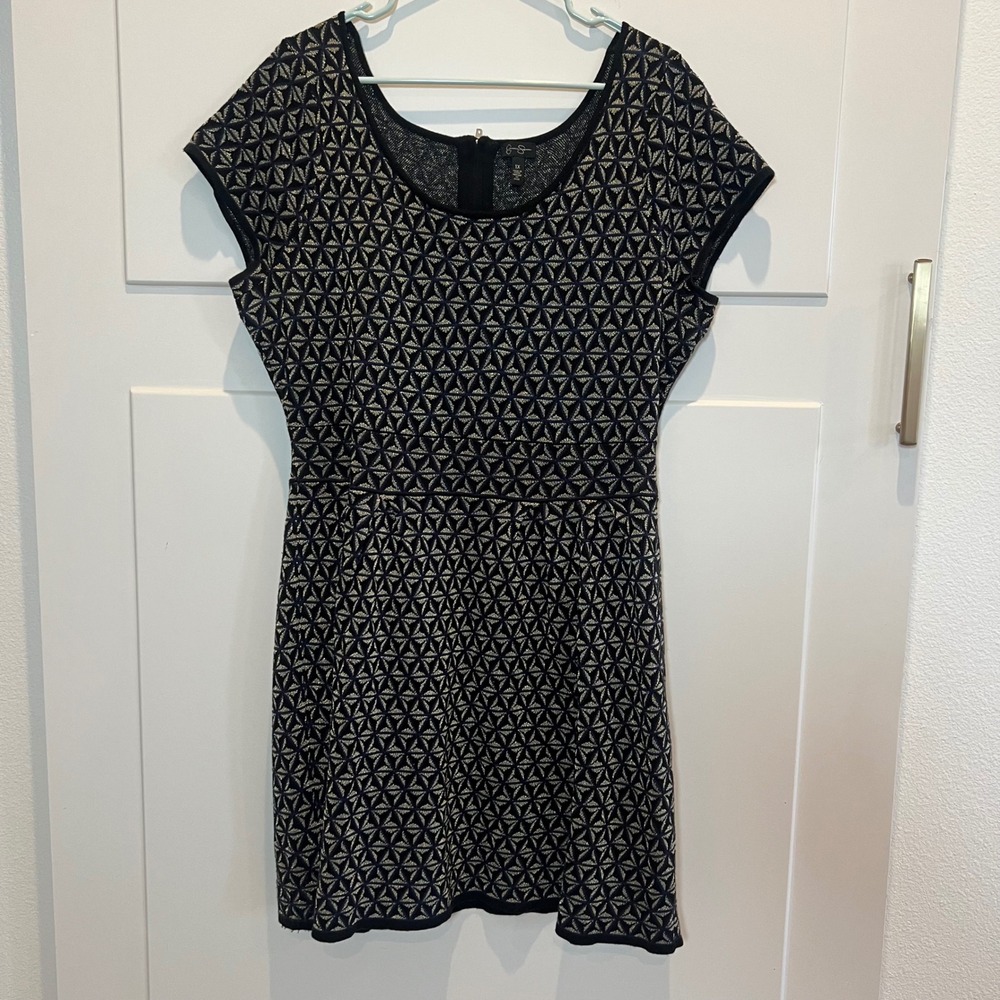 Jessica Simpson Geometric Print Knit Sweater Dress Black Gold Women's Plus 1X‎